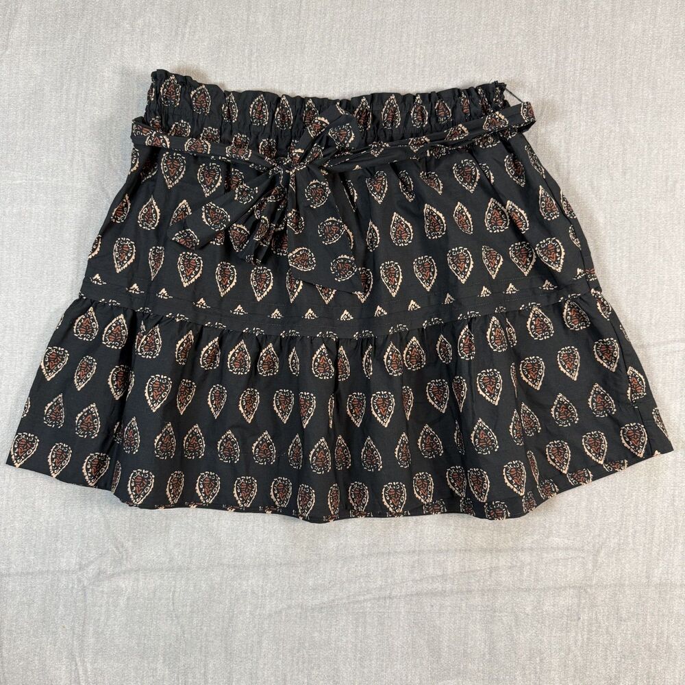 NWT Anthropologie The Somerset Mini Skirt Smocked Block Print Black Tan L Large